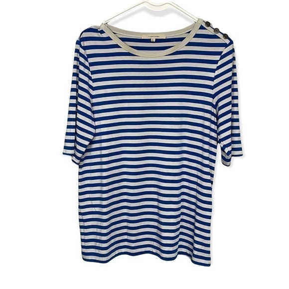 41 Hawthorne Blue Grey Short Sleeved Striped Tee, Shoulder Button Accent, Medium - Picture 7 of 7